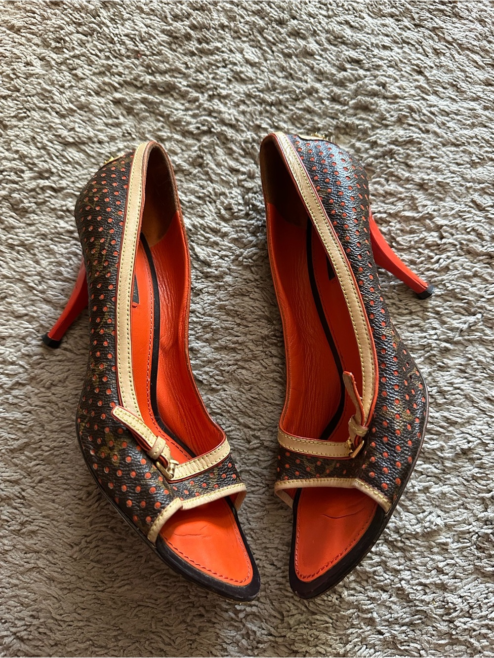Louis Vuitton Monogram Perforated Peep Toe Heels Orange Size 39.5 Padlock